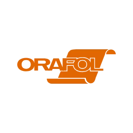 A black and orange logo with a gray background