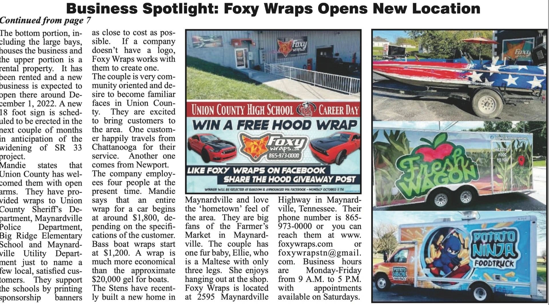 A newspaper article about the wrap shop