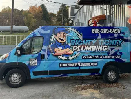 A blue and white truck with a logo on it